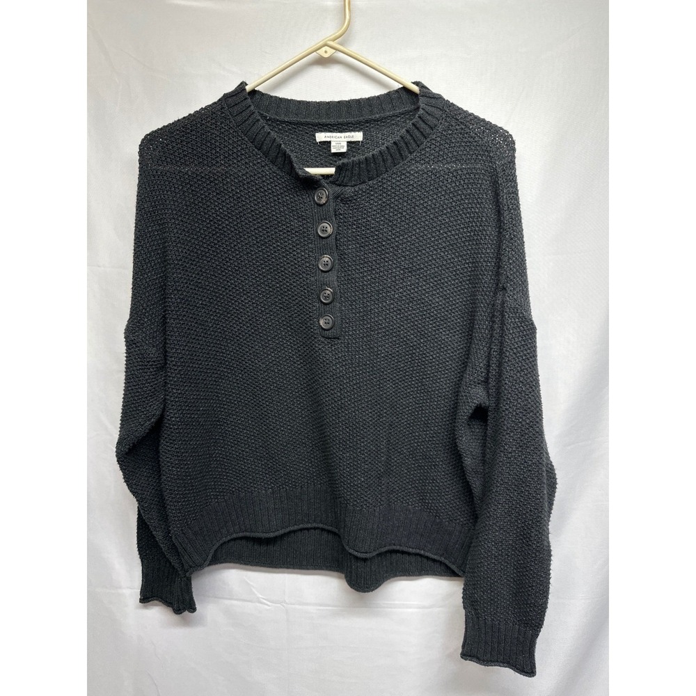 American Eagle Outfitters Black Knit Henley Sweater